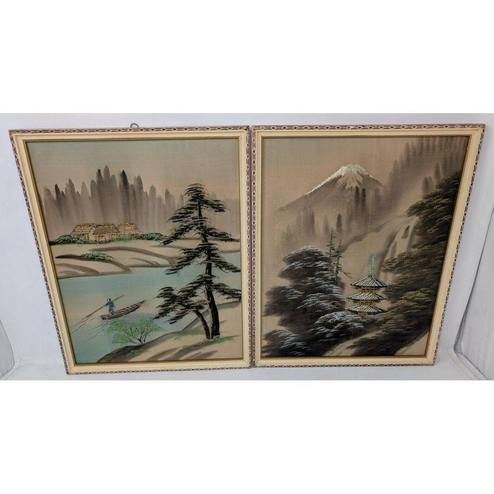 Vintage Pair of Japanese Silk Paintings Embroidered‎ Crewel Asian Mount Fuji MCM